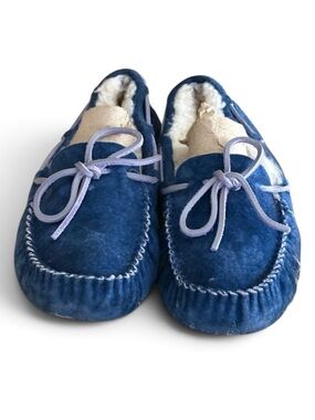 UGG Blue Suede Sherpa Fleece Lined Rubber Sole Moccasins Slippers